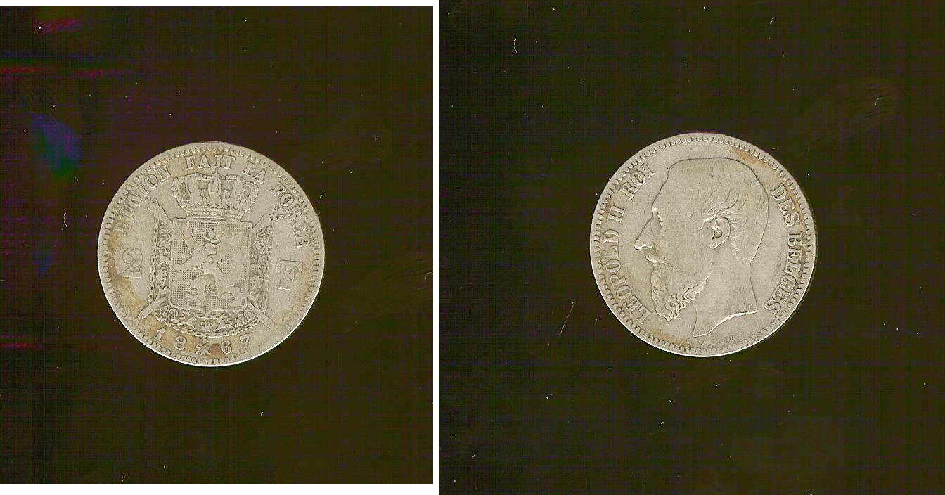BELGIQUE 2 Francs Léopold II légende française 1867 TB+